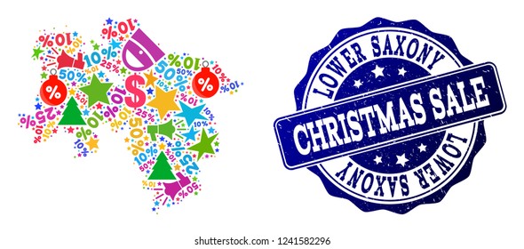 Christmas sale composition of mosaic map of Lower Saxony State and scratched seal. Vector blue seal with scratched rubber texture for Christmas Sales. Flat design for trade posters.
