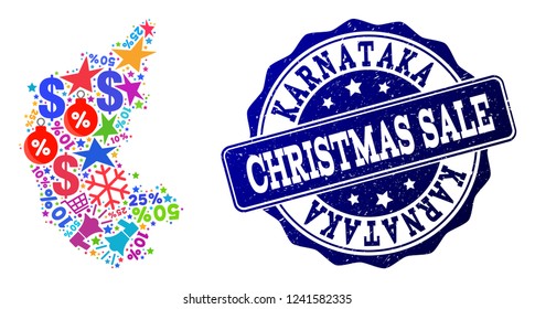 Christmas sale composition of mosaic map of Karnataka State and grunge stamp seal. Vector blue seal with grunge rubber texture for Christmas Sales. Flat design for advertisement posters.