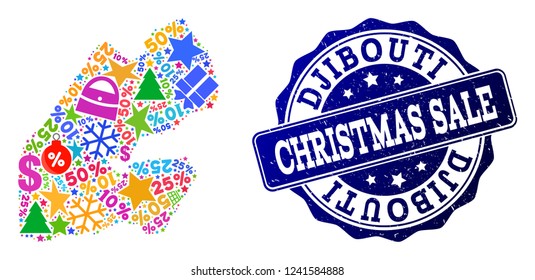 Christmas sale composition of mosaic map of Djibouti and scratched seal. Vector blue seal with scratched rubber texture for Christmas Sales. Flat design for shopping templates.