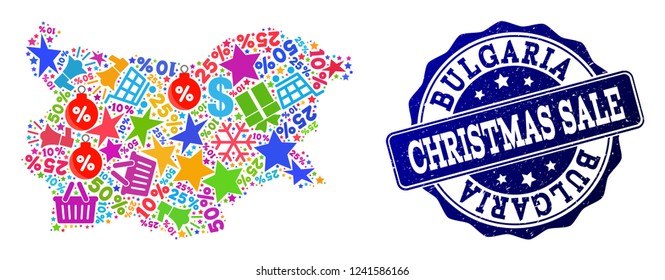 Christmas sale composition of mosaic map of Bulgaria and unclean seal. Vector blue seal with distress rubber texture for Christmas Sales. Flat design for trade posters.