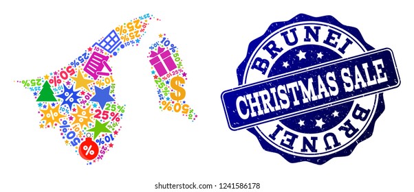 Christmas sale composition of mosaic map of Brunei and unclean stamp. Vector blue imprint with distress rubber texture for Christmas Sales. Flat design for sale illustrations.