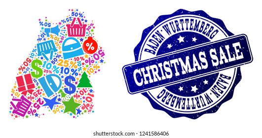 Christmas sale composition of mosaic map of Baden-Wurttemberg State and rubber seal. Vector blue seal with grunge rubber texture for Christmas Sales. Flat design for sale purposes.