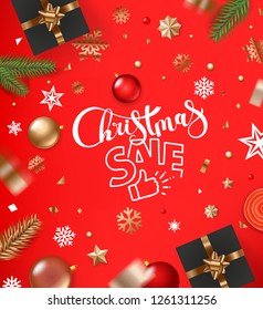 Christmas sale concept. Banner with baubles and confetti. Top view