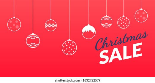 Christmas sale concept, big new year discounts. Vector banners for advertising, social networks, the Internet. White linear toys, decorations a minimalistic flat style on a red background. Copyspace