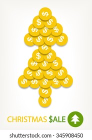 Christmas sale concept with coins tree silhouette