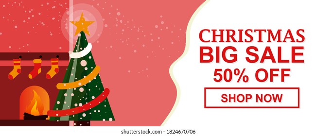 Christmas sale concept with fireplace background theme, Christmas tree and Christmas decorations. Vector illustration for Christmas day. Free Vectors