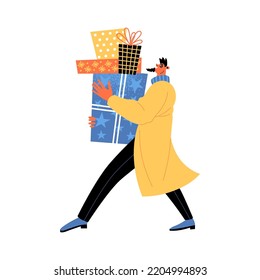 Christmas sale concept. Funny man carries boxes and packages. Isolated illustration in flat style