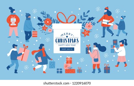 Christmas Sale Concept. People Dressed In Winter Clothes Shopping For Christmas Holiday. Vector Illustration