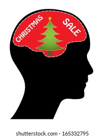 Christmas sale concept vector illustration. Isolated easy to edit vector design with man head, brain and christmas tree.
