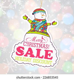 Christmas sale concept for your design. Happy snowman. Hand drawn vector illustration