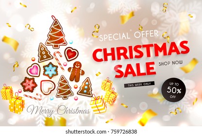 Christmas sale. Christmas cookies, sweets, cake - snowflakes, gingerbread man, Christmas tree. Sweet New Year. Festive silvery background with confetti, sparkles and a golden serpentine. Vector
