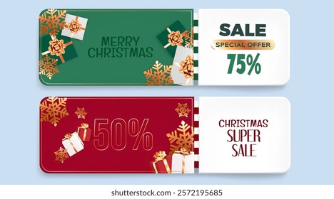 Christmas sale coupon design with gift boxes and gold snowflakes. Special offer banner set with festive elements - 75 discount on green background and 50 super deal on red card. Promotional template