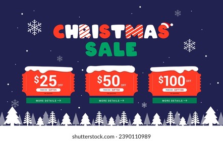 Christmas sale coupon template banner vector illustration. Night snowy flat design