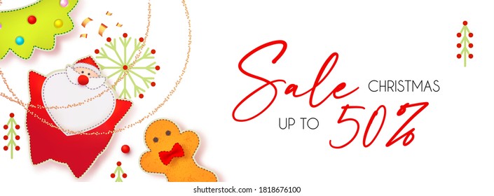 Christmas Sale cute design template with Santa Claus, fir tree, clock, gingerbread man, garland and toys.
