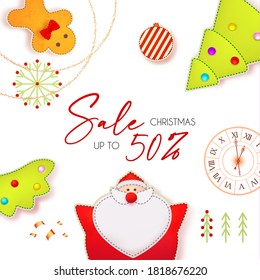 Christmas Sale cute design template with Santa Claus, fir tree, clock, gingerbread man, garland and toys.