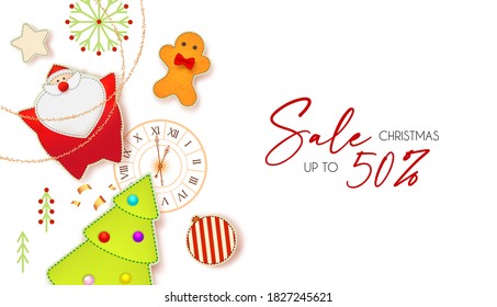 Christmas Sale cute design template with Santa Claus, fir tree, clock, gingerbread man, garland and toys.