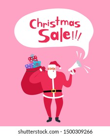 christmas sale  cute santa claus with megaphone and gift bag