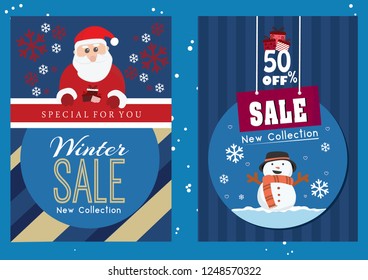 Christmas sale! Cute Santa,snowman with sale up to 50% off special for you  advertisement cartoon vector