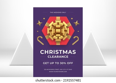 Christmas sale decor gift box top view promo flyer template Xmas design realistic 3d icon vector illustration. New Year winter discount price off commercial advertising red golden present surprise