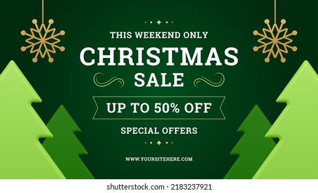 Christmas sale decorative banner template green fir trees and snowflakes toy 3d icon vector illustration. Xmas discount seasonal winter shopping special offer price off marketing poster advertising