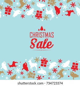Christmas sale decorative poster divided on three parts with red text about discounts and traditional symbols such as snowflake, santa claus, deer  upper the text vector illustration