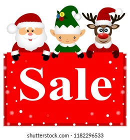 Christmas sale. Christmas deer, Christmas Elf and Santa with banner. Vector illustration