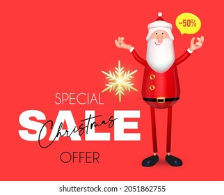 Christmas sale design. 3D Santa Claus character with speech bubble and shining snowflake. Season offer.
