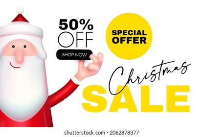 Christmas sale design with 3D Santa Claus character. Season offer.