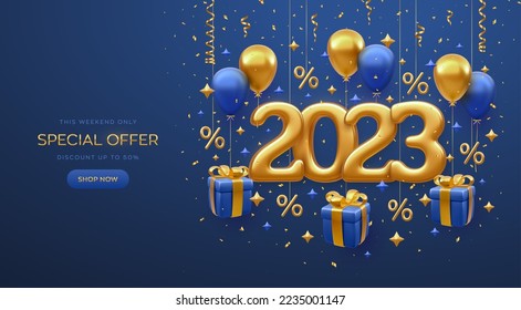 Christmas sale design banner. Happy New 2023 Year. Gold metallic numbers 2023 with shopping bag, price tag, gift box with golden bow, fly helium balloons on blue background. Vector illustration.