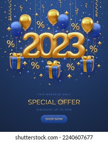 Christmas sale design banner. Happy New 2023 Year. Gold metallic numbers 2023 with shopping bag, price tag, gift box with golden bow, fly helium balloons on blue background. Vector illustration.