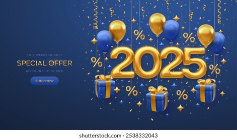 Anuncio de diseño de venta de Navidades. Feliz año Nuevo 2025. Números metálicos del oro 2025 con el bolso de compras, etiqueta del Precio, caja de regalo con el arco dorado, globos del helio de la mosca en fondo azul. Ilustración vectorial.