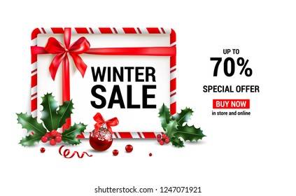 Christmas sale design for banner, ticket, leaflet, card, invitation, poster and so on. Holiday frame with fir tree and festive decorations balls and holly on white background.