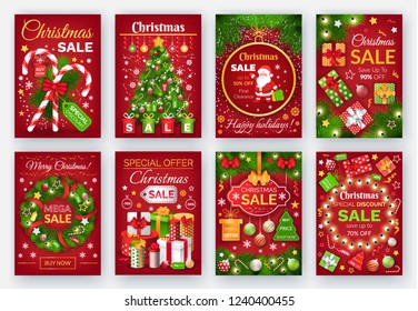 Christmas sale design cards. Vector illustration with fir-tree and gifts with garlands and wreath with Santa. Brochure with best price and discount vector