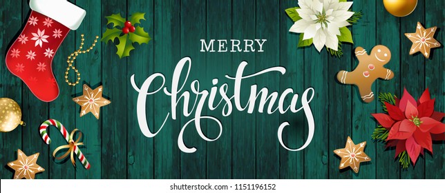 Christmas sale design composition of poinsettia, fir branches,xmas gingerbread, candy cane, holly and other plants. Cover, invitation, banner, greeting card.