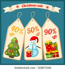Christmas sale design concept with ribbon and three cardboard tags with discount percentage and new year symbols flat vector illustration 