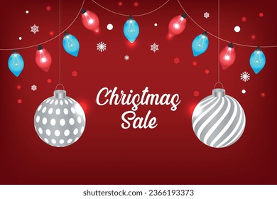 Christmas sale design with glowing Silver baubles and light bulb garlands