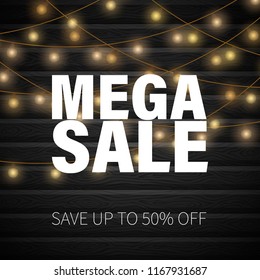 Christmas Sale Design. Christmas lights on wooden background.  Garlands against a brick wall background. Happy new year design on wooden texture.