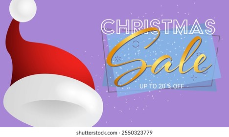 Christmas Sale design with Santa Claus hat and snow coming on purple background. Up to percent lettering can be used for posters, leaflets, announcements