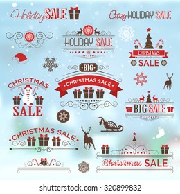 Christmas sale design set - labels, emblems with xmas tree, deer, santa, angel, candle, christmas toys, gifts and bells.