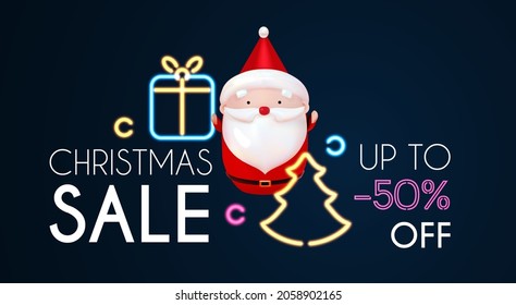 Christmas sale design template with 3D Santa, fir tree, gift and neon light effect. Super season offer with lights.