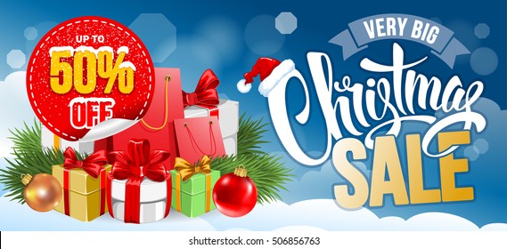 Christmas Sale Design Template. Calligraphy Inscription Christmas Sale and Heap of Christmas Gifts on Blue Snowy Background. Easy to edit and Customize. Vector Stock Illustration.