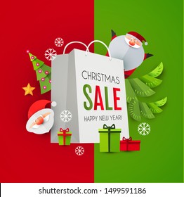 Christmas Sale design template with cute papercraft Santa Claus, shopping bag and holiday decoration.