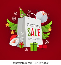 Christmas Sale design template with cute papercraft Santa Claus, shopping bag and holiday decoration.