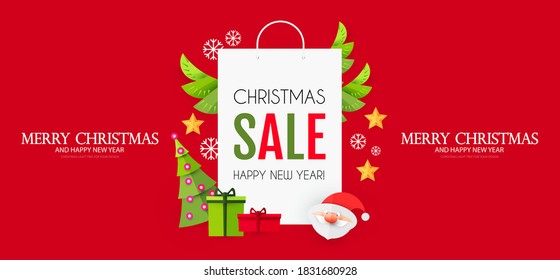 Christmas Sale design template with cute papercraft Santa Claus, shopping bag and holiday decoration.