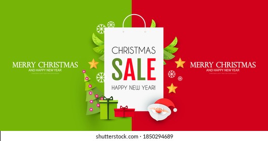 Christmas Sale design template with cute papercraft Santa Claus, shopping bag and holiday decoration.