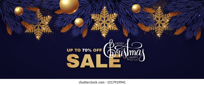 Christmas Sale design template with fir tree branch garland, glossy golden balls, elegant gold snowflakes and lettering.