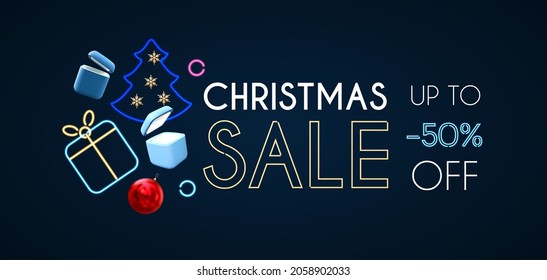 Christmas sale design template with gift boxes, ball, fir tree and neon light effect. Super season offer with light.