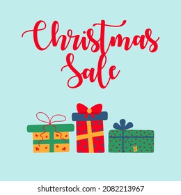 Christmas sale design template with gift boxes. Hand-drawn style. Vector illustration.
