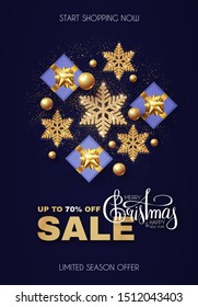 Christmas Sale design template with gifts, fir tree branches, glossy golden balls, elegant gold snowflakes and lettering.