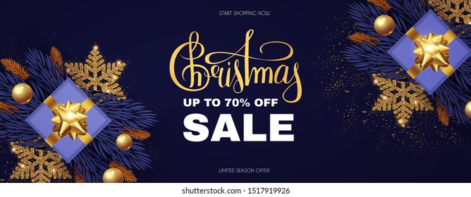 Christmas Sale design template with gifts, fir tree branches, glossy golden balls, elegant gold snowflakes and lettering.